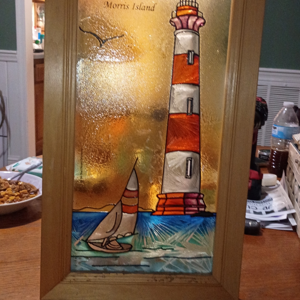 Stained Glass Lighthouse Art with Wooden Frame